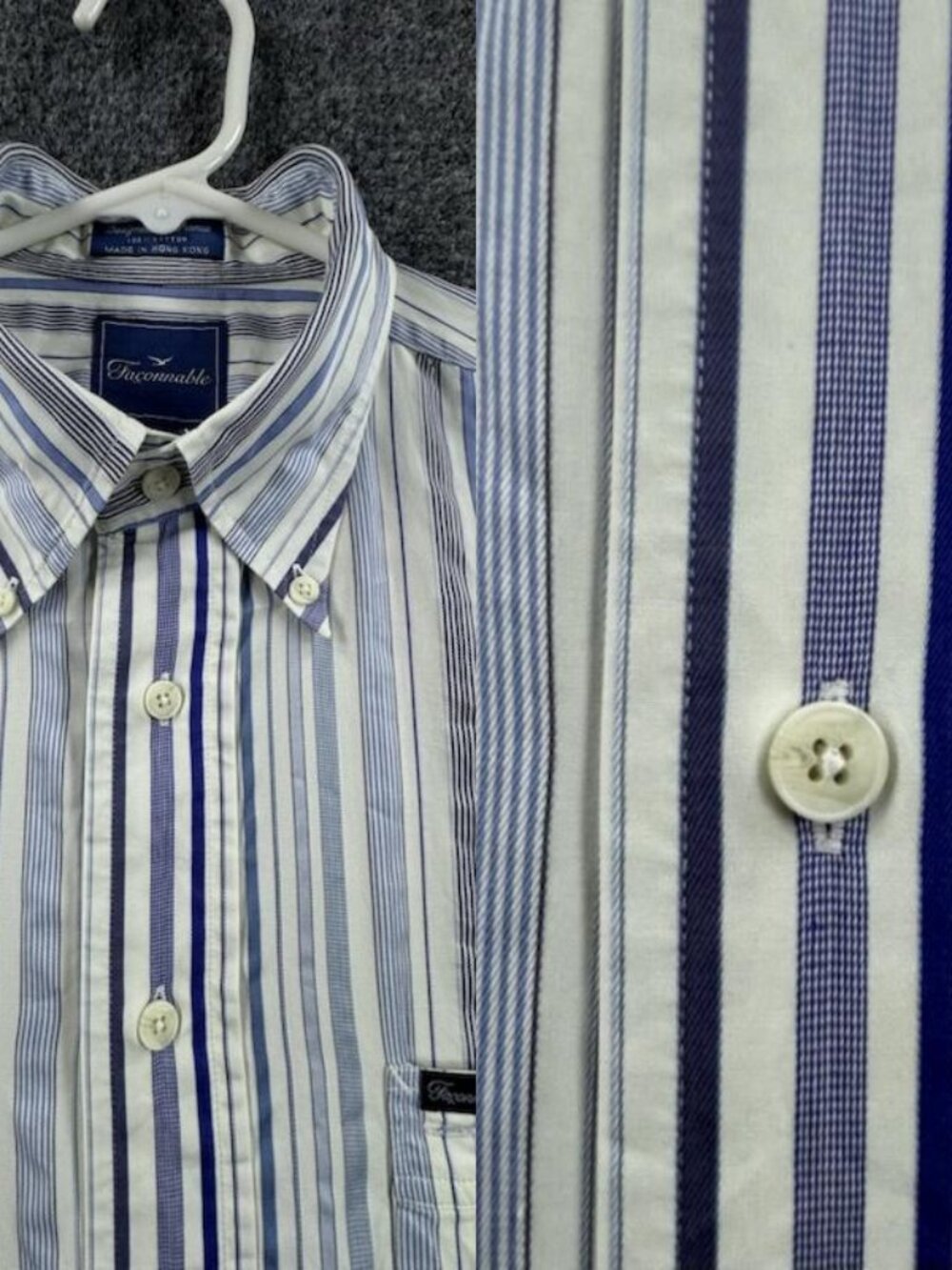 Faconnable Blue White Button-Down Striped Logo Medium Shirt Men Pocket Cotton